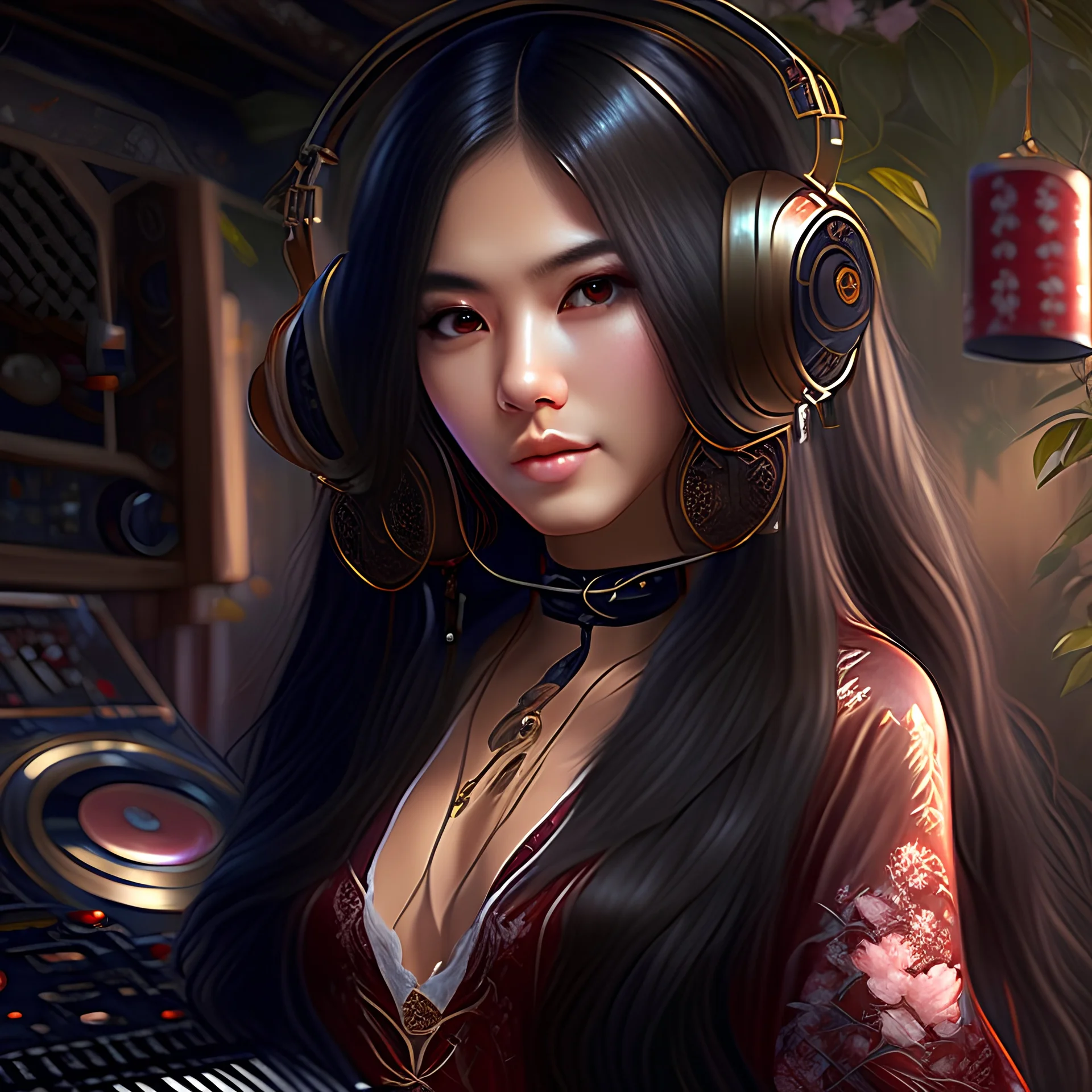 pretty face asia girl, dark long hair, wearing headphone, fantasy long blouse, playing turntables, sexy, full body, happy, enjoying, music, party, unreal engine, hyper realistic, detailed art, 8K resolution, cinematic lighting,