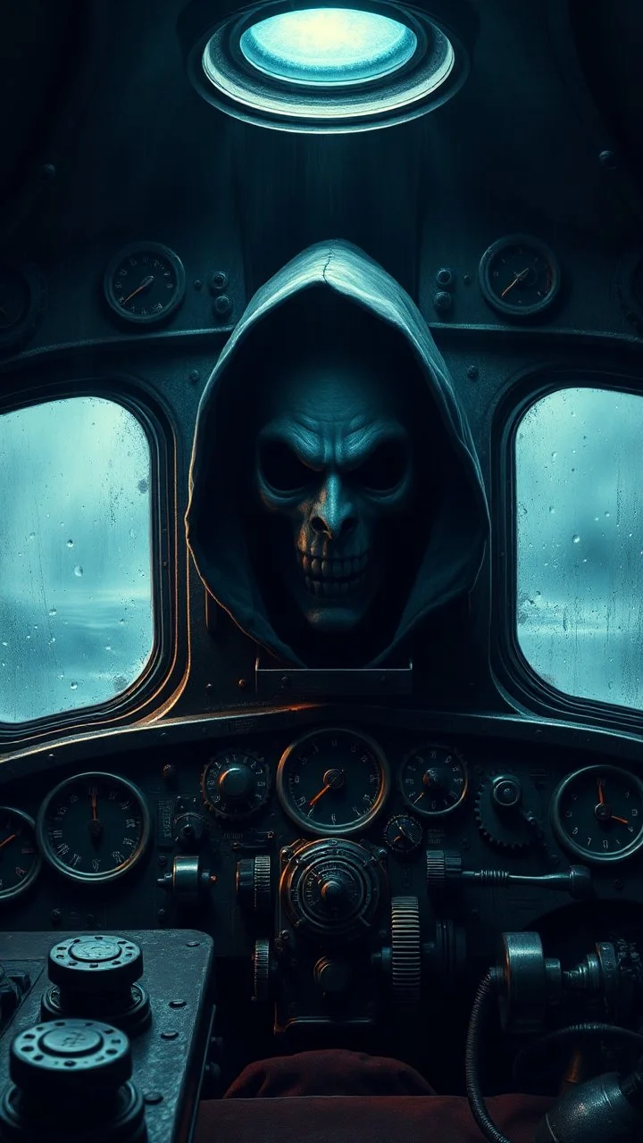 inside a dark submarine , paint it in the baroque style, as if the man is horrified, with complicated dashboards with many gears . A dark hooded face on the window
