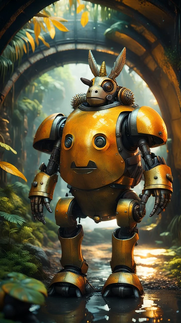 magazine cover, metallic yellow orange donkey turtle robot chivalry knight with friendly cute face and hair locks in dark lit reflective wet jungle metallic hall dome hotel tunnel, in the style of fallout 4 game,bokeh like f/0.8, tilt-shift lens 8k, high detail, smooth render, down-light, unreal engine, prize winning