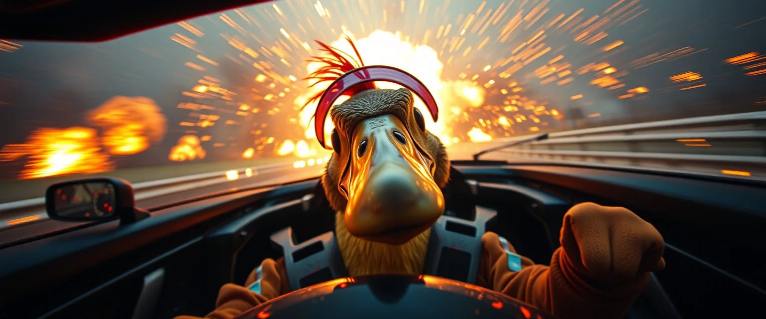 weird perspective race car driver close up portrait of dj platypus duck pilot looking down on cam, with background in the style of escher and giger, a chill contrapunctus fugue in the style of fsol, beethoven, goa trance breaks, dancefloor drum and bass, burning cars, fire and explosions