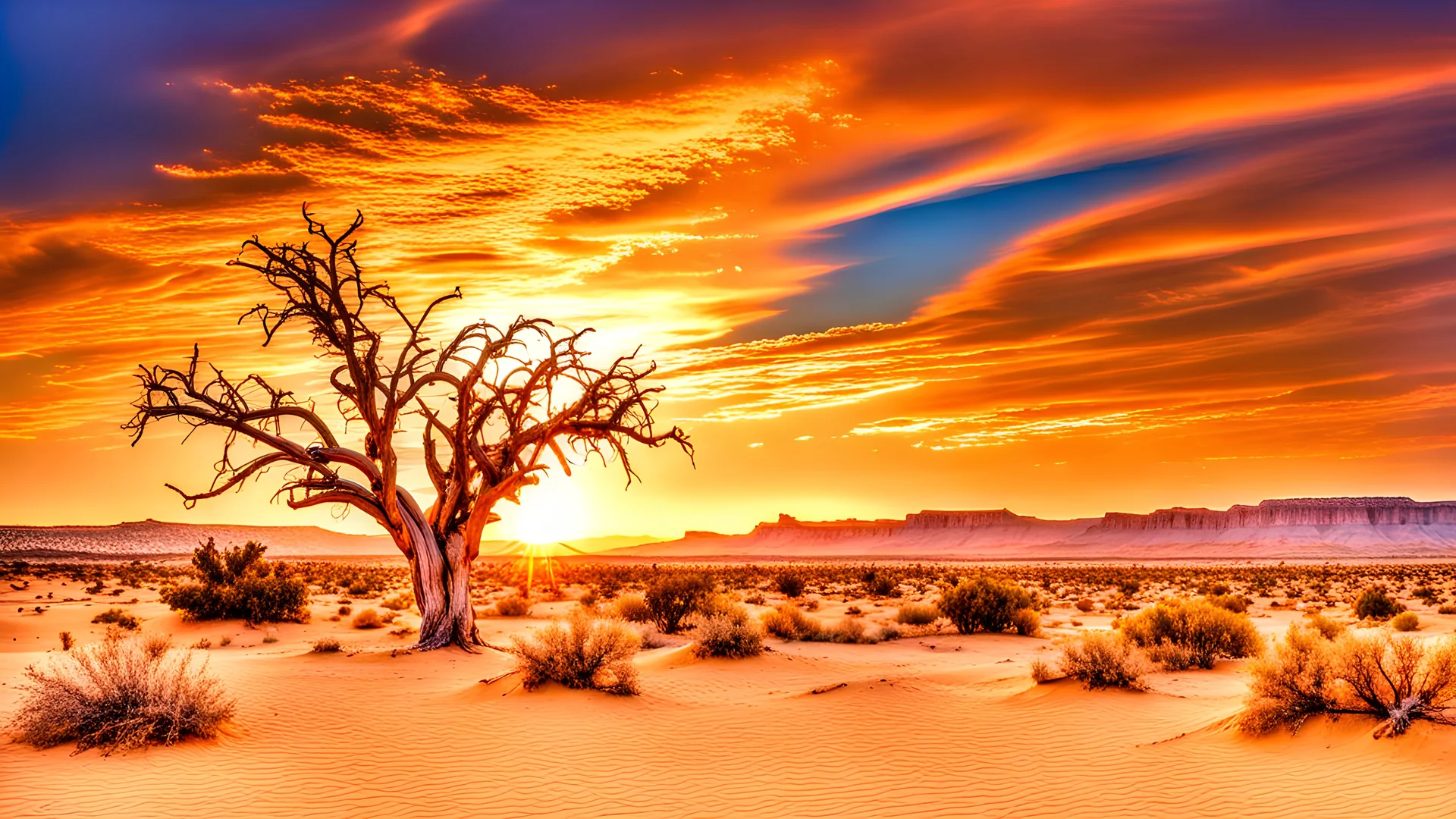A majestic Arafed tree stands tall amidst the expanse of the New Mexican desert. The sun sets in the vibrant, high dynamic range sky. The artwork, created by Fred A. Precht, captures the natural beauty of the barren landscape, with sand dunes and a hint of a desert oasis in the background.