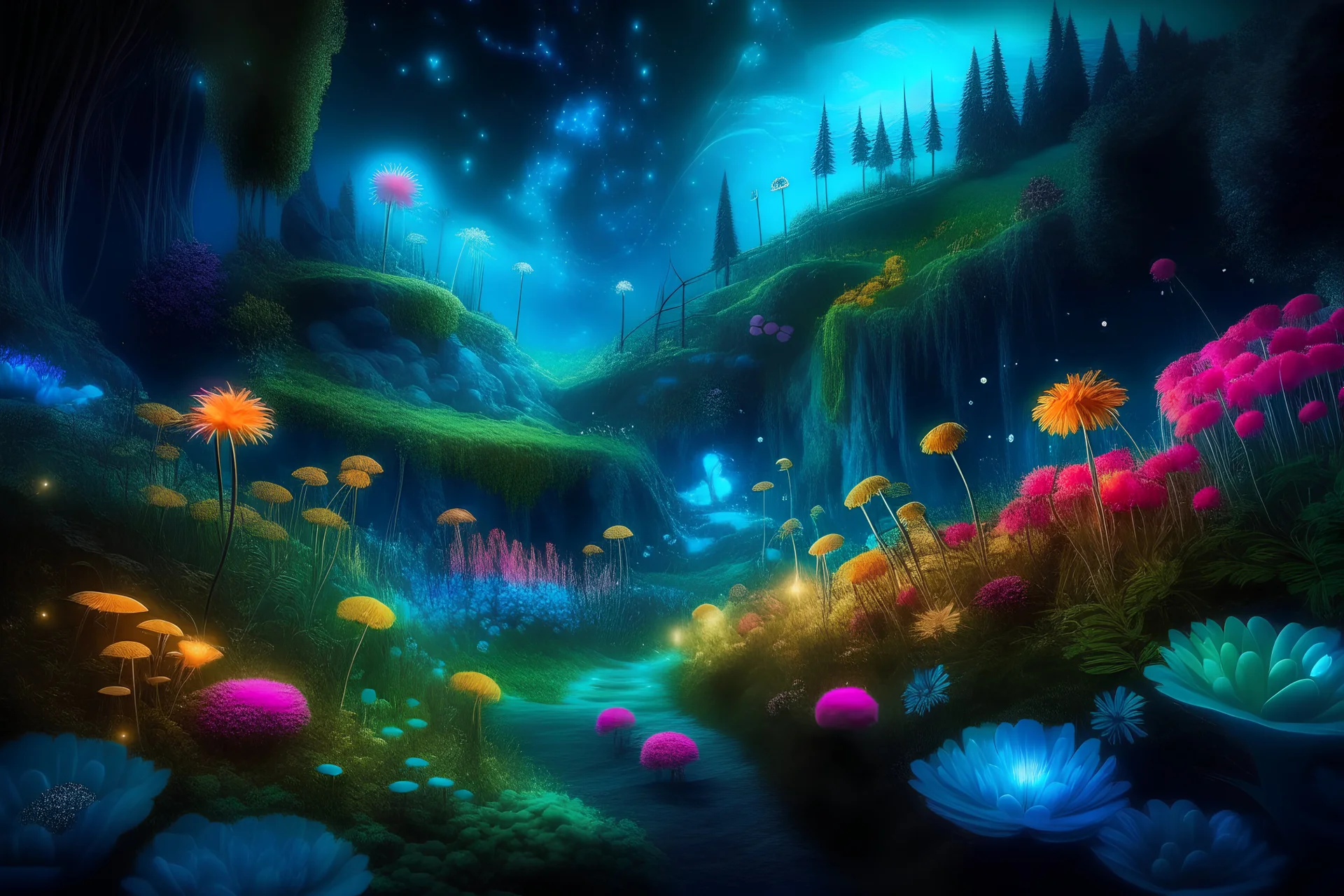 Landscape in a magical place with neon flowers and tiny fairies all in photography art