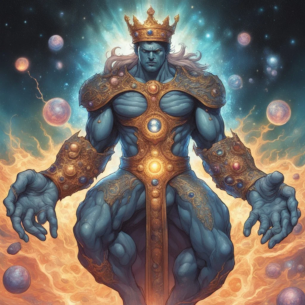 A divine being made from the combination of water and sun with cosmic powers and Dracula God-like man with infinite power who owns the galaxies and wears a beautiful crown A battle suit made of galaxies and stars with a glove that has seven endless stones with a mighty army behind him with hulk body