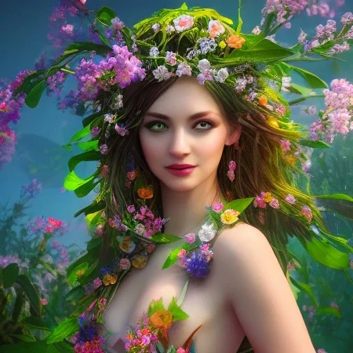  Beautiful and bright goddess of spring,delicate flowers, knees up portrait, fantastical, intricate detail, splash screen, complementary colors, fantasy concept art, 8k resolution, Unreal Engine 5"