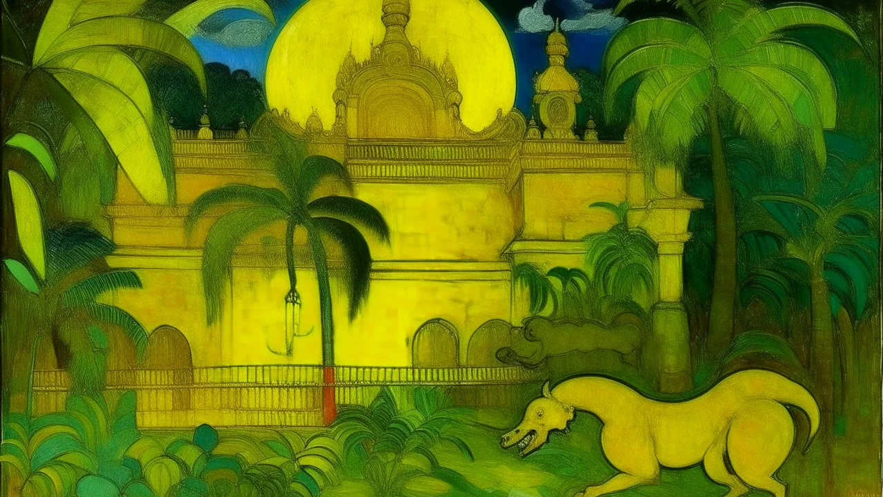A yellow palace with glowing light dragons painted by Paul Gauguin