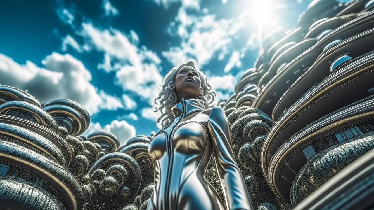 three-quarter-worms-eye view of a woman in a silver robotic catsuit standing in a futuristic derelict city with mushrooms with tentacles, floating in the sky