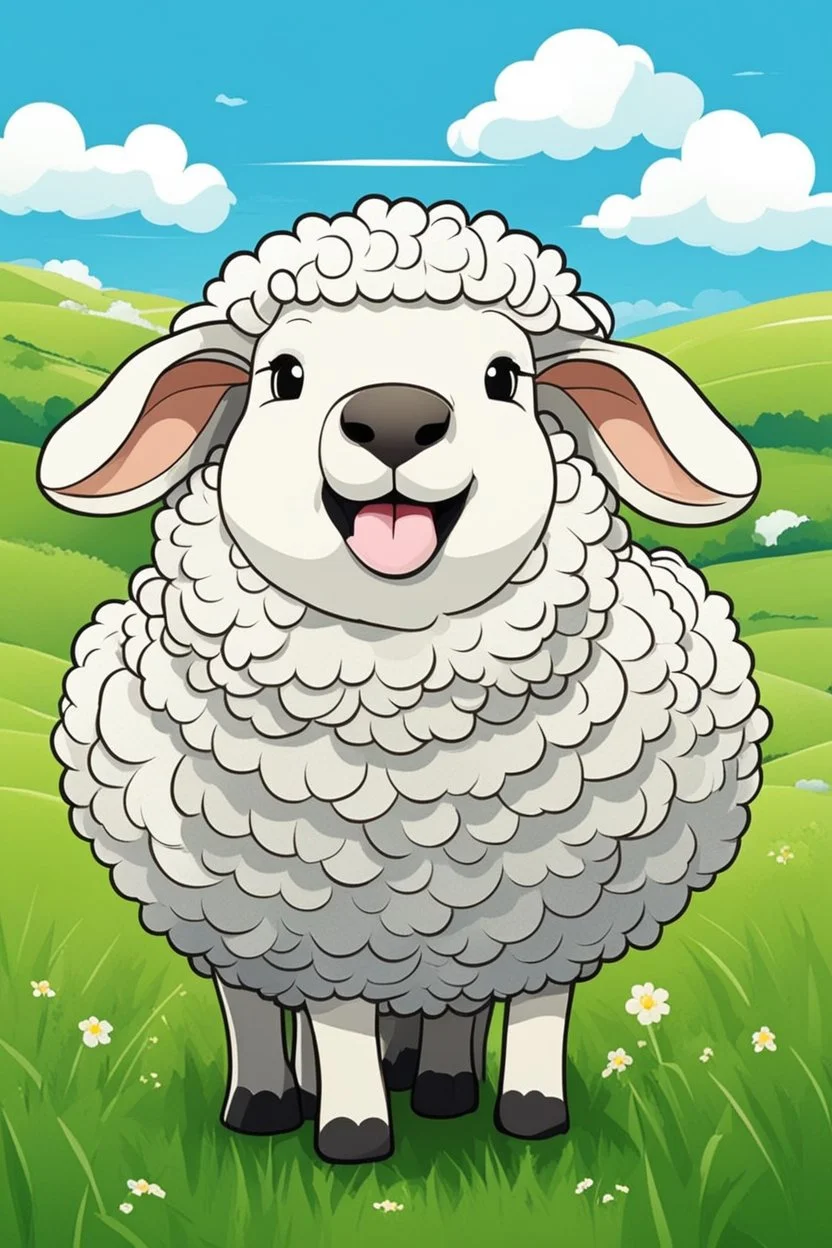 create an image with 4 sheep with the typography, happy face "sheep of faith", 2d, cartoon style, chibbi, kawai, a green field and blue sky in the background