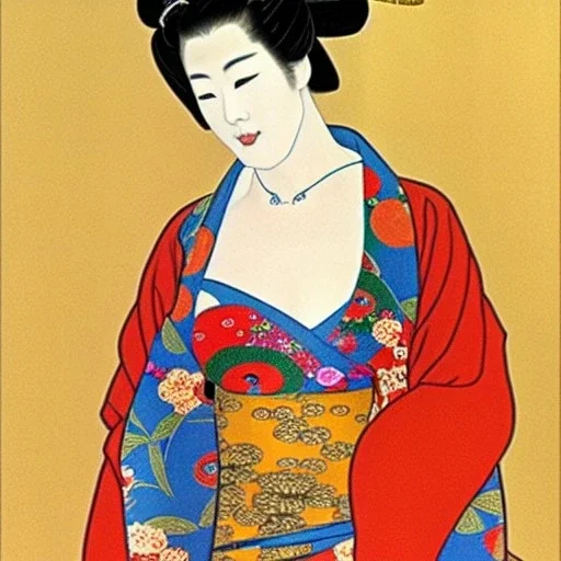 Retrato de cuerpo entero una Geisha Bella voluptuosa con kimono con el estilo de Gustav Klimt