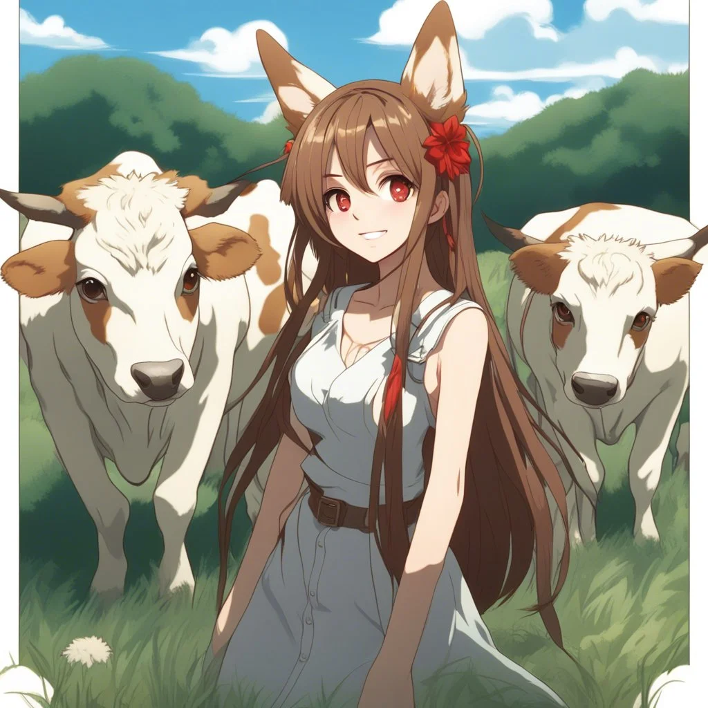 A young woman with long brown hair, red eyes, corgi ears, corgi tail, in a field with cows, intricate details, high definition, anime style