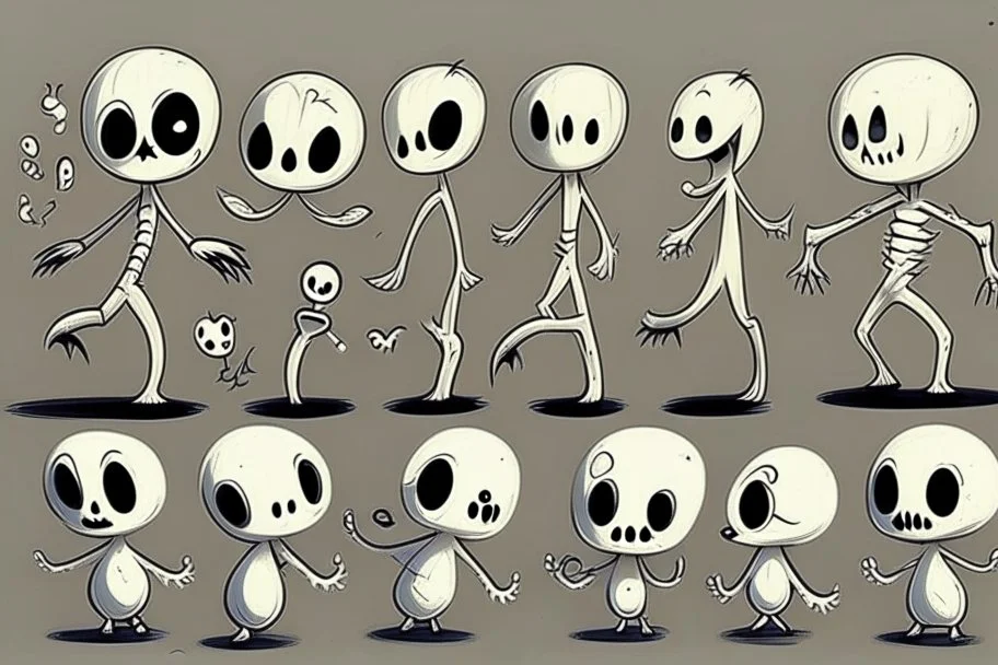 make a bunch of simple hand-drawn spooky and cute cartoon characters with bodies arms, and legs I could draw and make them all different