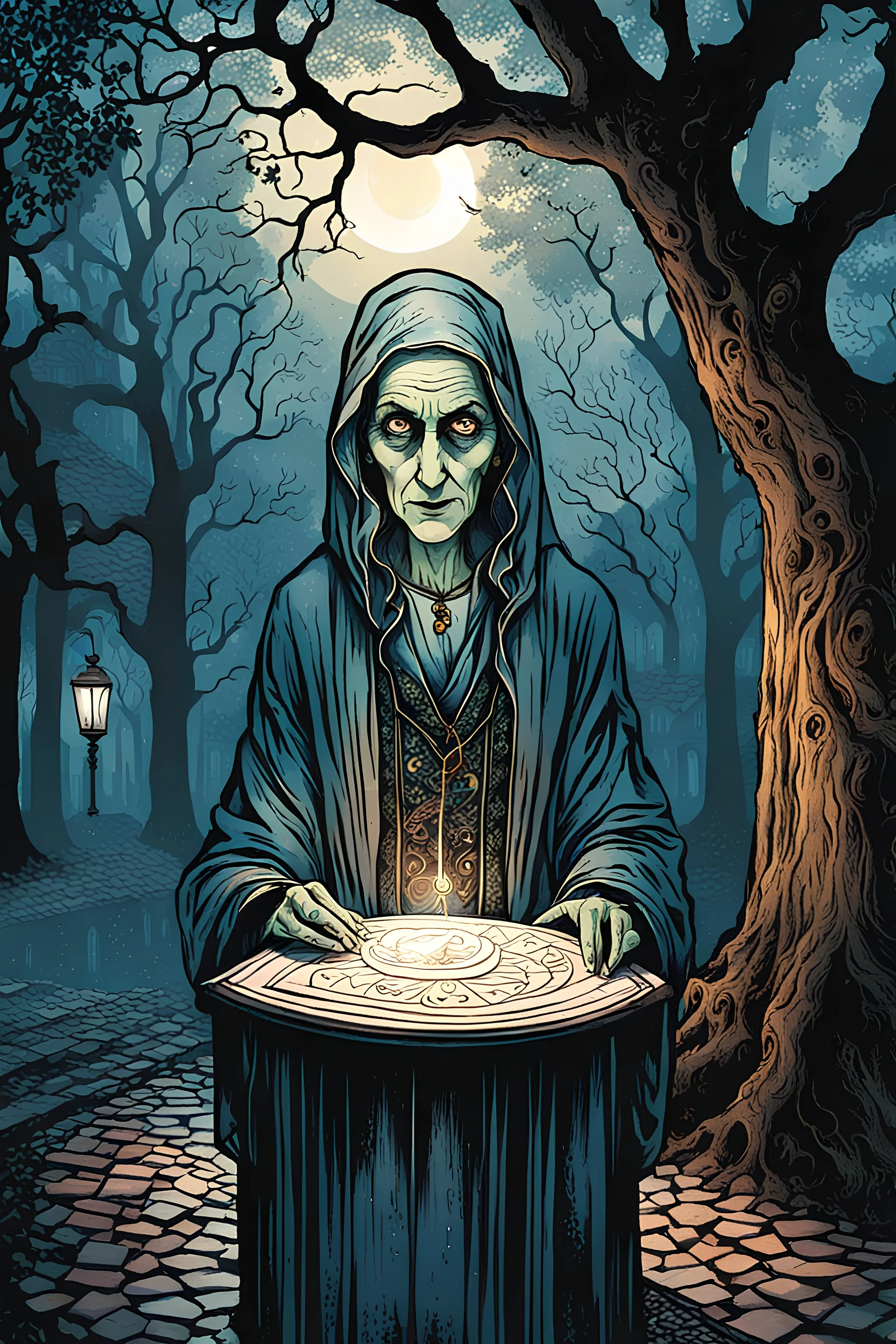 create a fine art print illustration of the spectral shade of an aged, emaciated 13th century Jewish female fortuneteller, clothed in an ornate but ragged bliaud with highly detailed feminine facial features, surrounded by ancient oak trees, in the old city of Krakow, shrouded in a fetid mist at midnight , in the comic book art style of Bill Sienkiewicz, and Jean Giraud Moebius, finely textured, drawn, colored, and inked