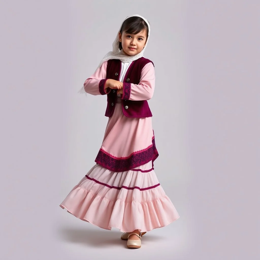 full body 7years old girl ,simple background, full body of very pretty little girl in azeri dance wearing A underdress or shirt, often made of silk,A fitted, often velvet or brocade, jacket worn over the shirt.Wide, bell-shaped skirts are worn, often long and layered to create beautiful movements while dancing, with a long lace scarf at back of her head ,with pretty shoes,in relax pose looking at camera.