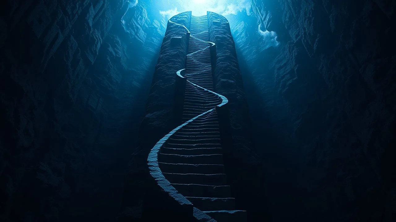 Stairs between heaven and hell, a big vertical spiral staircase made of indefinable material, the end of which cannot be seen, connecting the hellish dark depths with the endless dark blue universe, higg detailed, surreal, dark vibe, cinematic