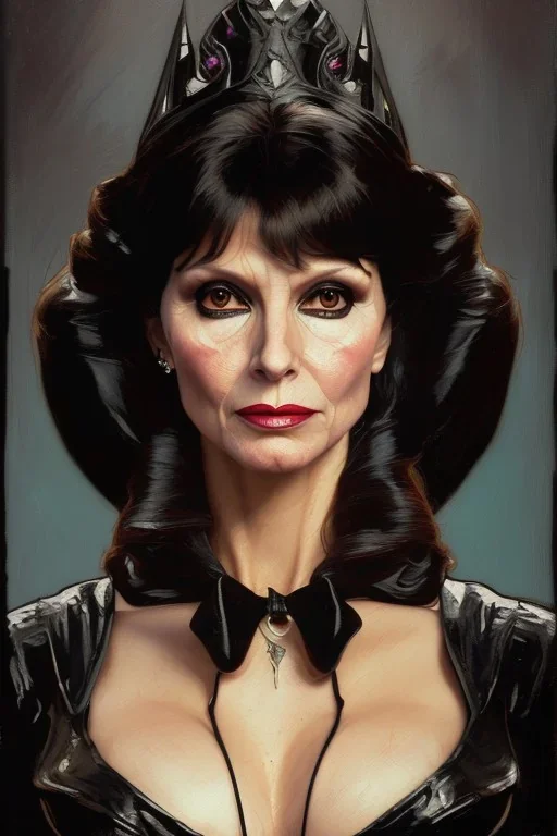 painting of victoria principal as evil queen in black leather, feminie, angry, stern look on her face, volouptous, busty, cleavage, emperious, mature, highly detailed, digital painting, artstation, concept art, smooth, sharp focus, illustration, art by gaston bussiere and alphonse mucha