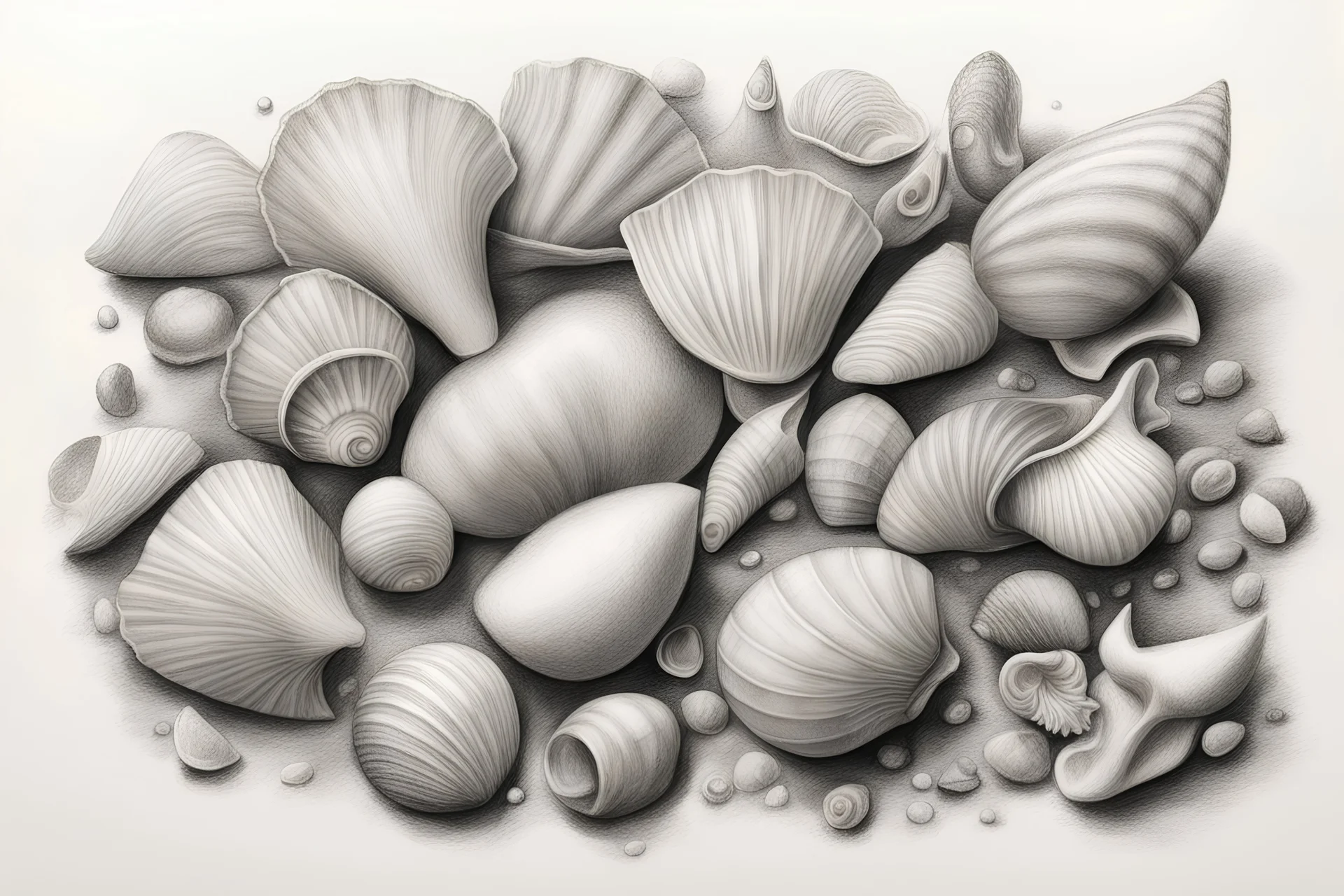 A bunch of seashells drawn in pencil