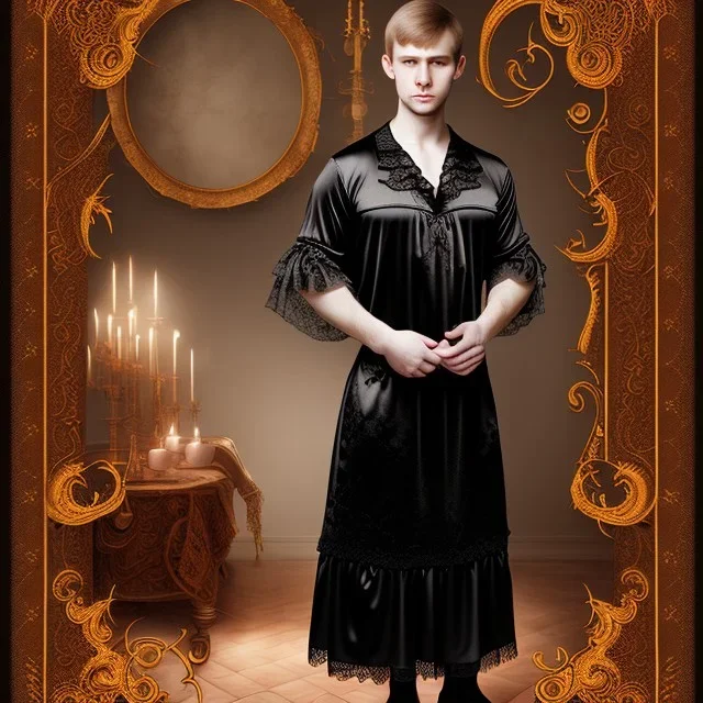 Russian shorthair beautiful 20-years guy boyish boylike wide hips in black girlish lacy nightgown in kitchen