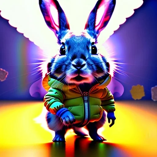 pixar style anamorphic cute cyberpunk rabbit baby, smiling,gangsta gold neckless, full body, yellow puffer jacket, dramatic lighting, hyper realistic, unreal engine 5, 16k without