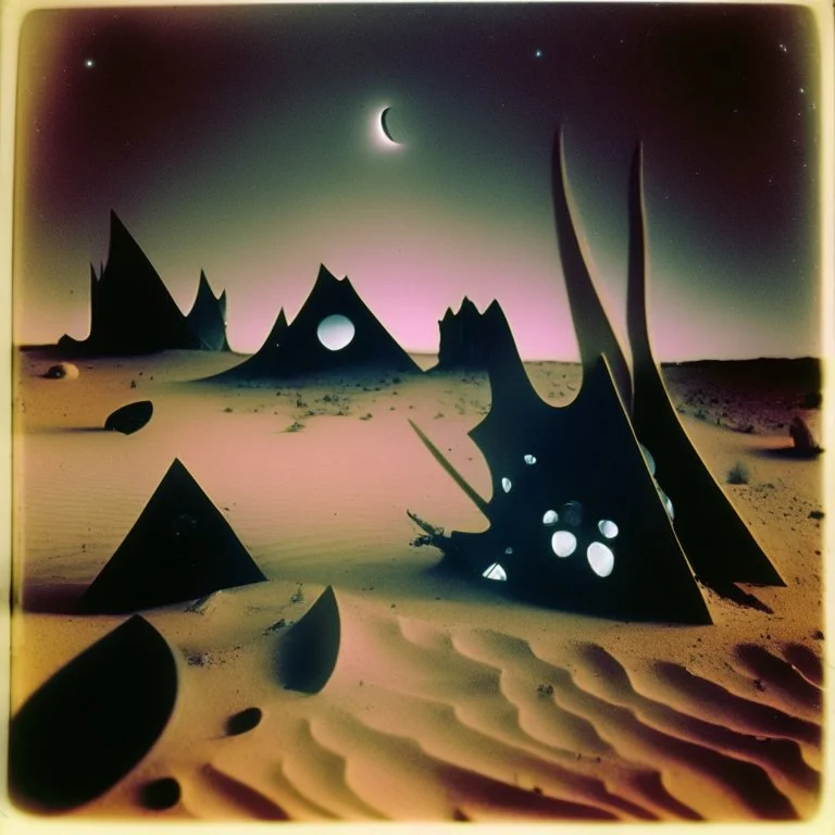 Polaroid close-up photo of odd shapes scattered over an arid wasteland, very spooky, night, intricate, Yves Tanguy, thoughtful, interesting, a bit appalling, smooth