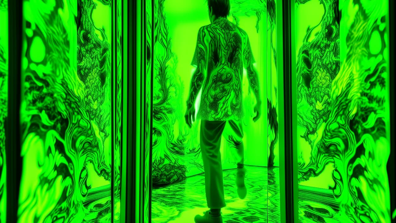 A person walking into a mirror, their body splintering into fractal shardsoutsider art, calotype combineted lime green and random color