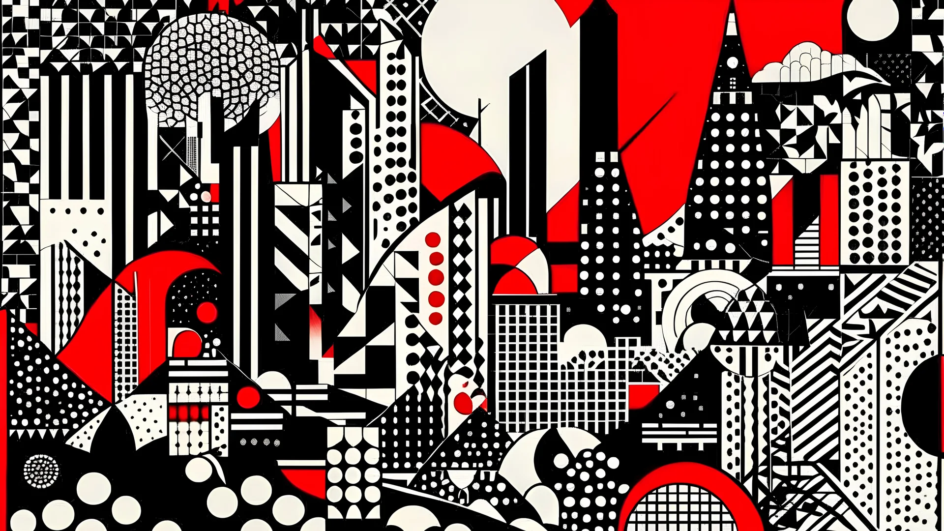 An abstract and geometric illustration by Malevich and Kuniyoshi of a black and white futuristic city with an anarchist red and back flag.