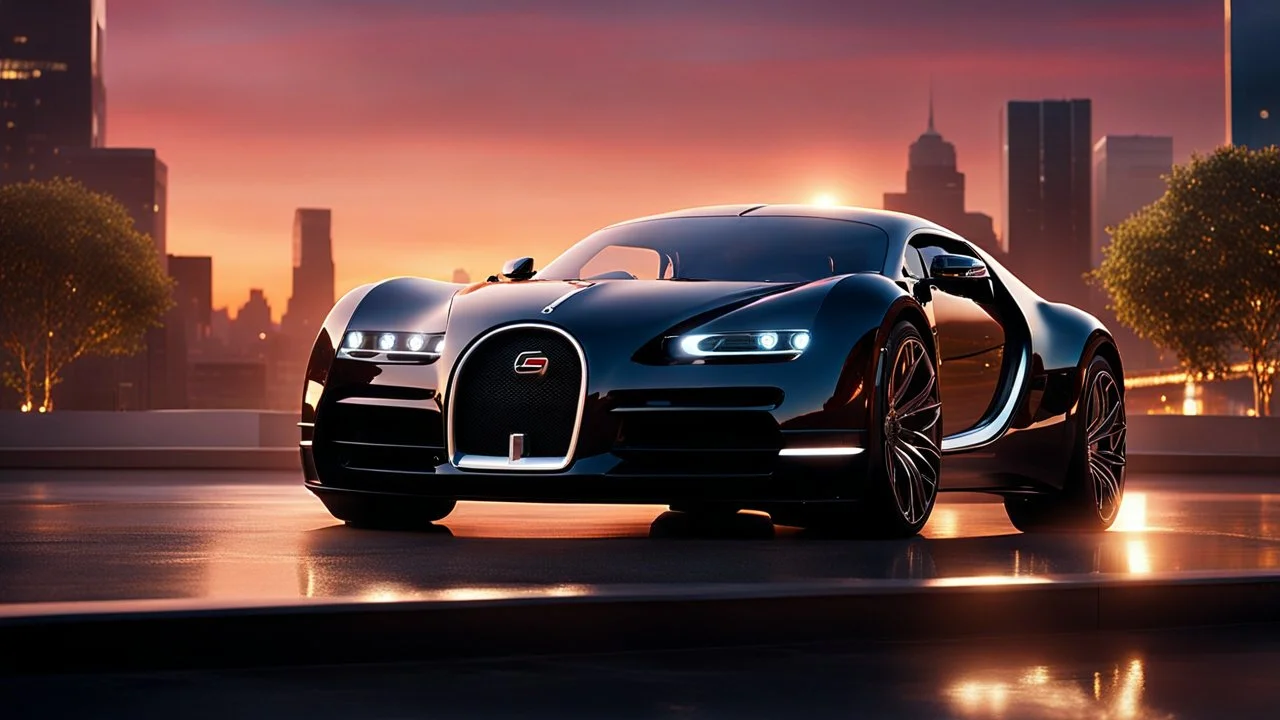 A cinematic scene featuring a luxurious vehicle that is an imaginative cross between a G-Wagon and a Bugatti Veyron. The sleek, muscular design boasts an SUV's ruggedness combined with a hypercar's aerodynamic elegance. Set against a vibrant city skyline backdrop at sunset, with reflections of the glimmering lights on the glossy paint. The car is parked on a stylish street, showcasing its intricate details, like a wealthy interior glimpse through the tinted windows and bold alloy wheels. An air