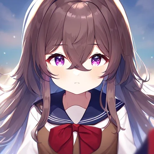 Clear focus, High resolution, rough line, cartoon, long long hair, hair between eyes, fluffy hair, purple eyes, wearing a sailor uniform, wearing a brown vest, long locks, 1girl, red bow, fluffy bangs, ahoge, teenager age and look