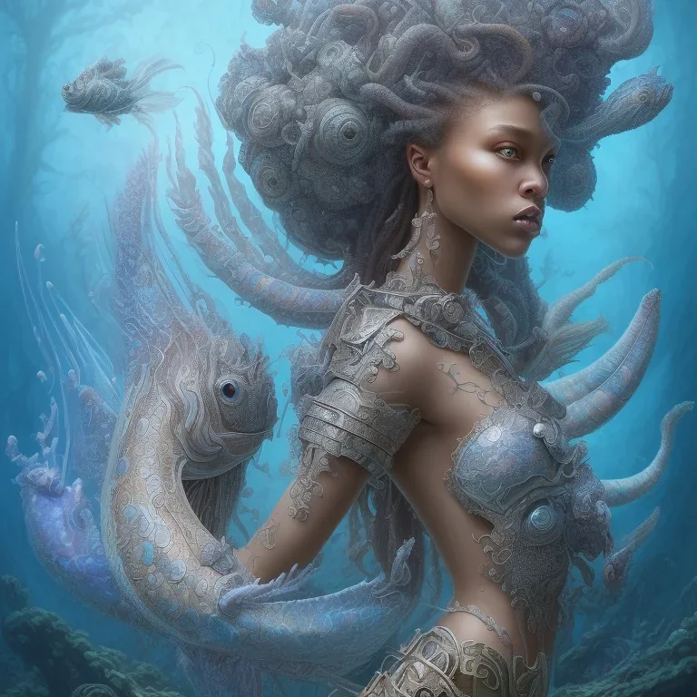 sango fantasy, fantasy magic, intricate, sharp focus, illustration, highly detailed, digital painting, concept art, matte, artgerm and paul lewin and kehinde wiley, masterpiece sexy lips Hawaiian afro lips black African lady body mermaid lionfish head blue space lady beach sea under water mermaid seaweed pyramided