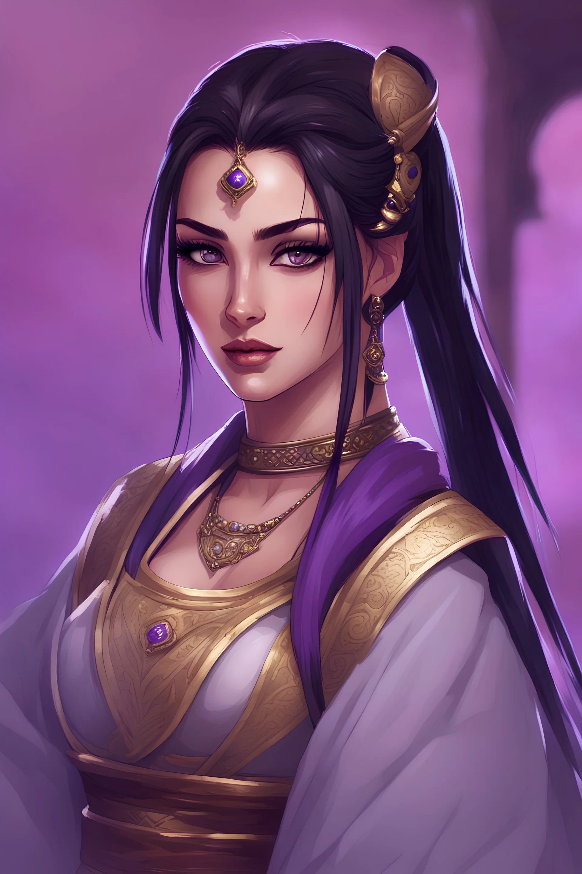 A female arabian warrior princess, D cup, feudal japan, RPG character, travelling merchant, exotic, black hair in ponytail, perfect eyes, purple eyes, dark eyeshadows, long eyelashes, perfect face, perfect smile,curvaceous, hourglass body, stunning beautiful artwork, 8k, alluring, makeup, lipstick, detailed purple eyes, beautiful face, full body,perfect hands, anime by hiro mashima style, 8k, POV looking at viewer, elephants and desert in background