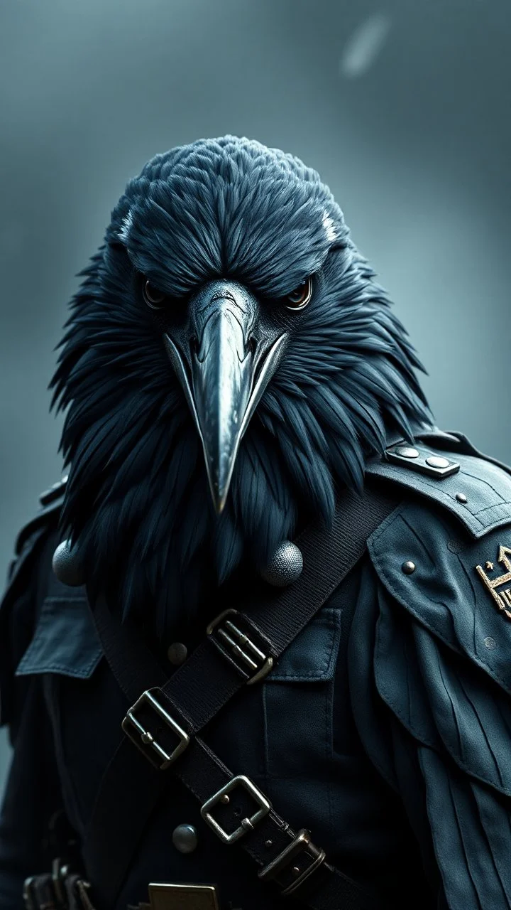 a crow wearing a soldier uniform, realistic , pro photography , high quality, and cinematic scene