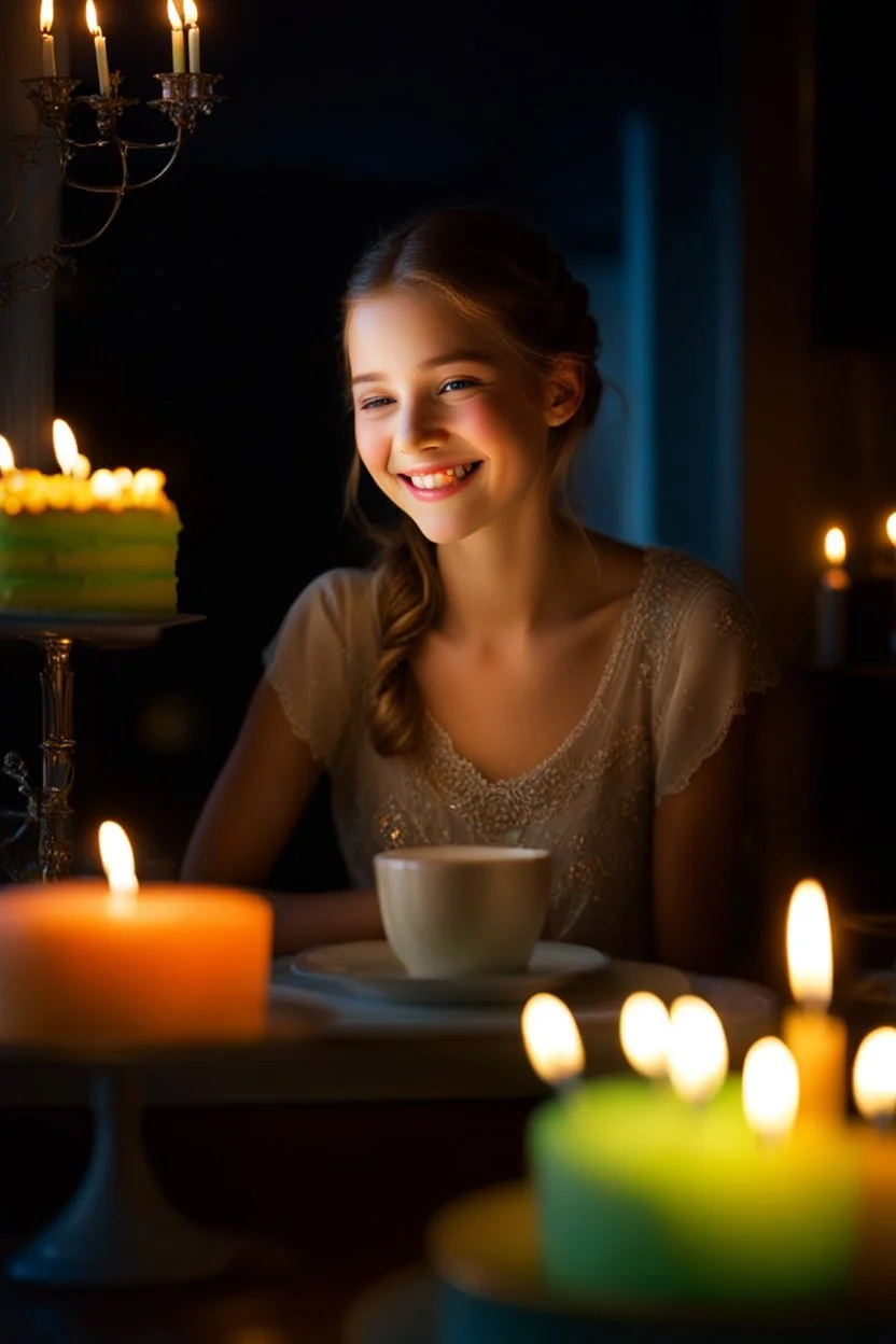 Morning Dew Serenity: Picture a delicate fluorescent glass smiling face girl face in front of a birthday cake 20 candles in the early morning light, Iridescent colors with intricate details. The tranquility of the scene mirrors the quiet strength that comes from embracing stillness and finding inspiration in the simplest moments.