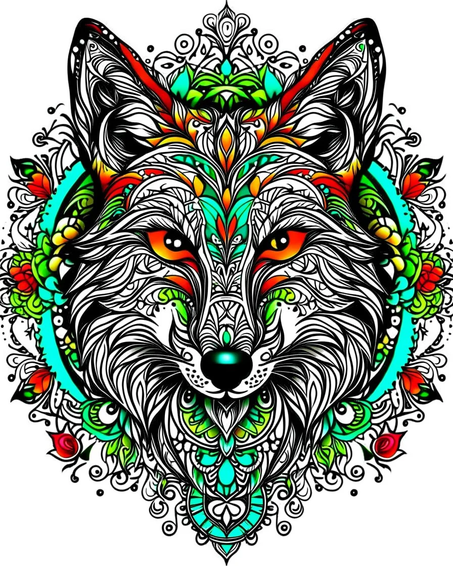 Eurasian wolf ANIMAL Book cover for Adults, mandala, flower, coloer read,green, blew,