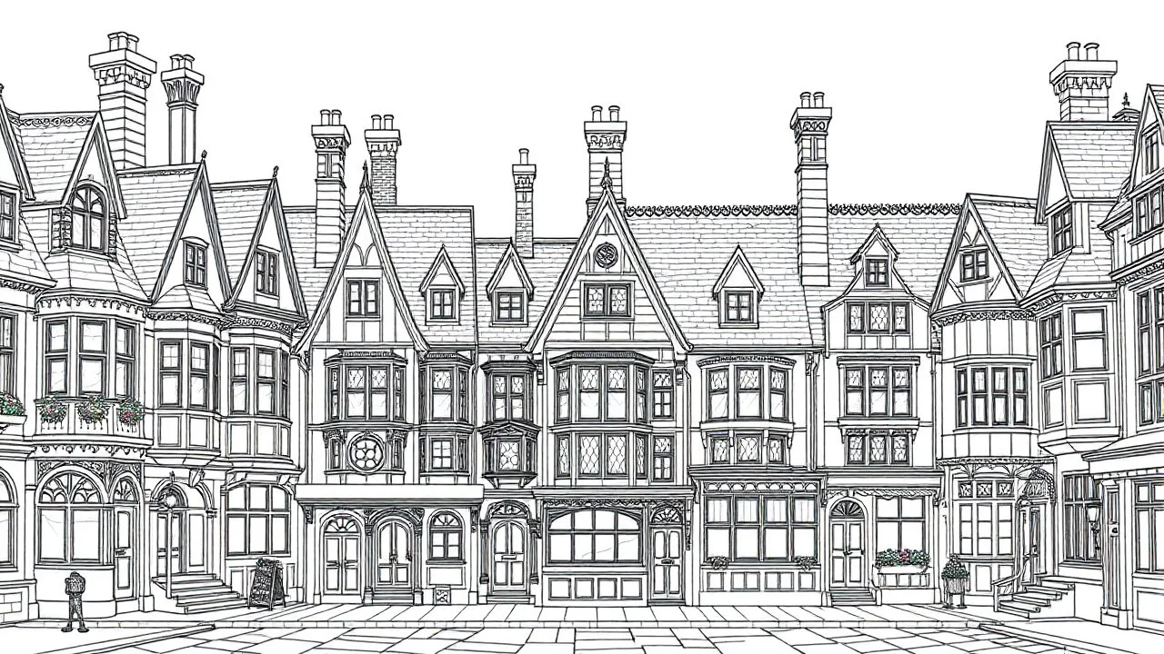 A highly detailed front elevation line drawing of a row of fantasy houses of different heights with tall chimneys, rooms and floors added to sides and roofs, like Harry Potter's Diagon Alley, inspired by Moebius