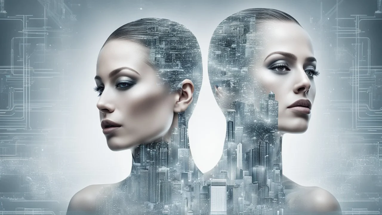 Double Exposure collage portrait of android-human transparent woman face with microchip pattern, cyberpunk, higtech city, skyline, silver sky background, cold, silver, grey, dark colors, futuristic mood, utopistic, high detailed