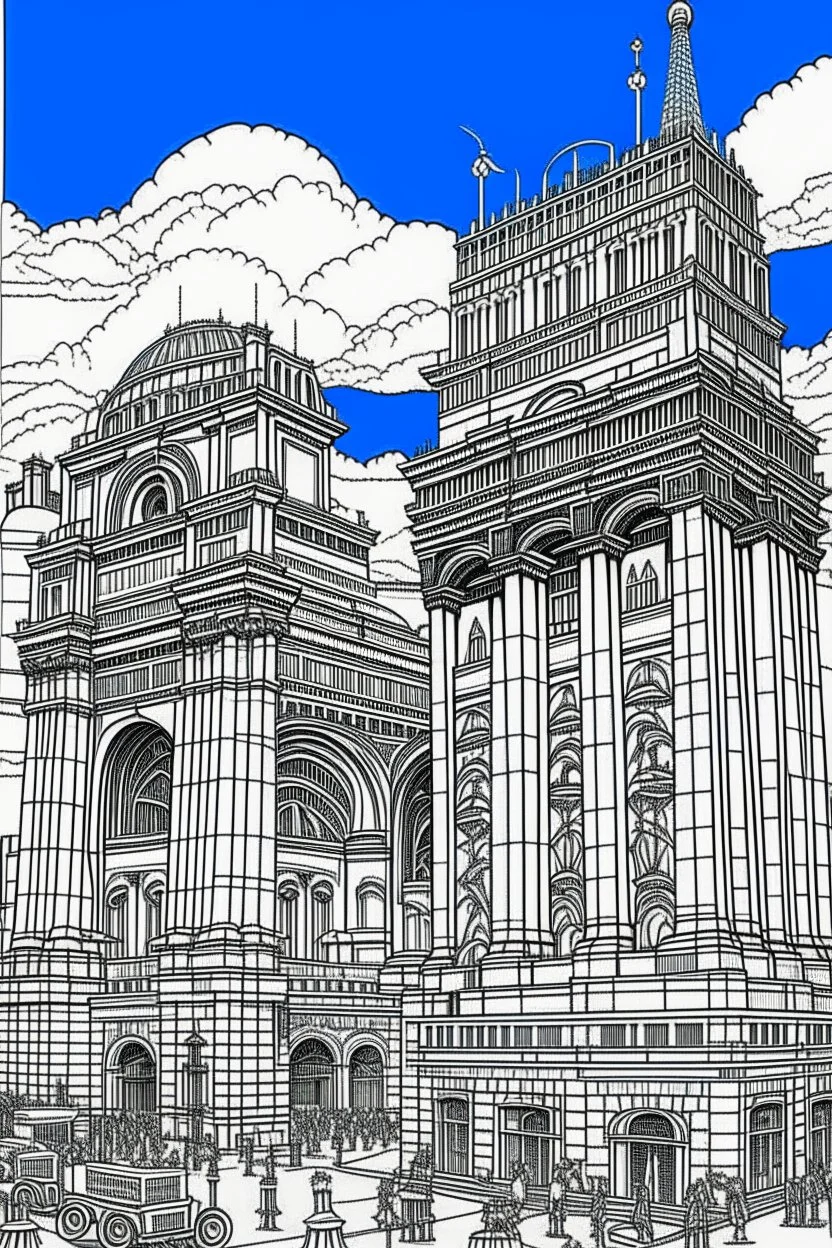 various architectural landmarks and cityscapes, coloring book page, simple and clean line art, adult drawing book, low details, black and white, crisp black lines, no shades, sharp lines, coloring book for adults, cartoon style, landscape