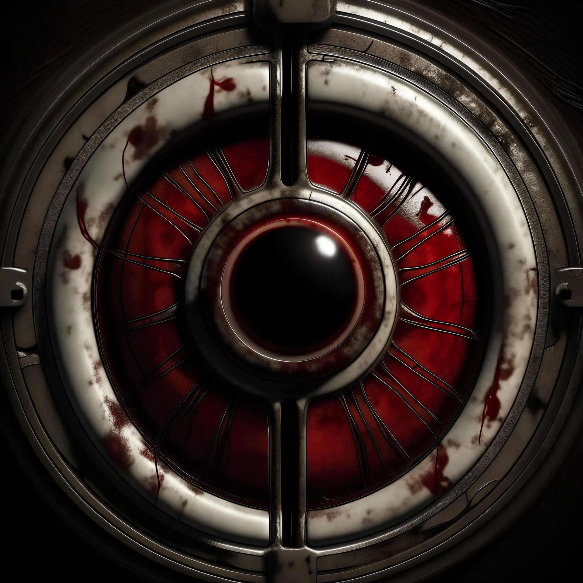 a bloodshot eye stares back through an old-fashioned keyhole