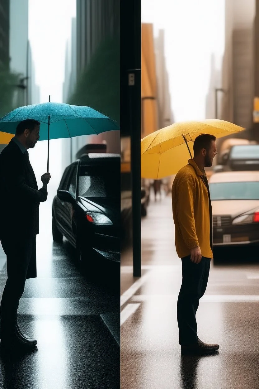 photo splitscreen wet man on new york street in heavy rain meets a woman in full sunshine that is dry wideshot