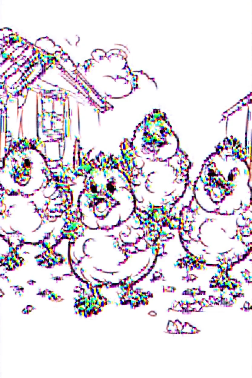 Adorable chicks walk around the farm yard, pixar style, clean vector graphics, coloring book, black and white