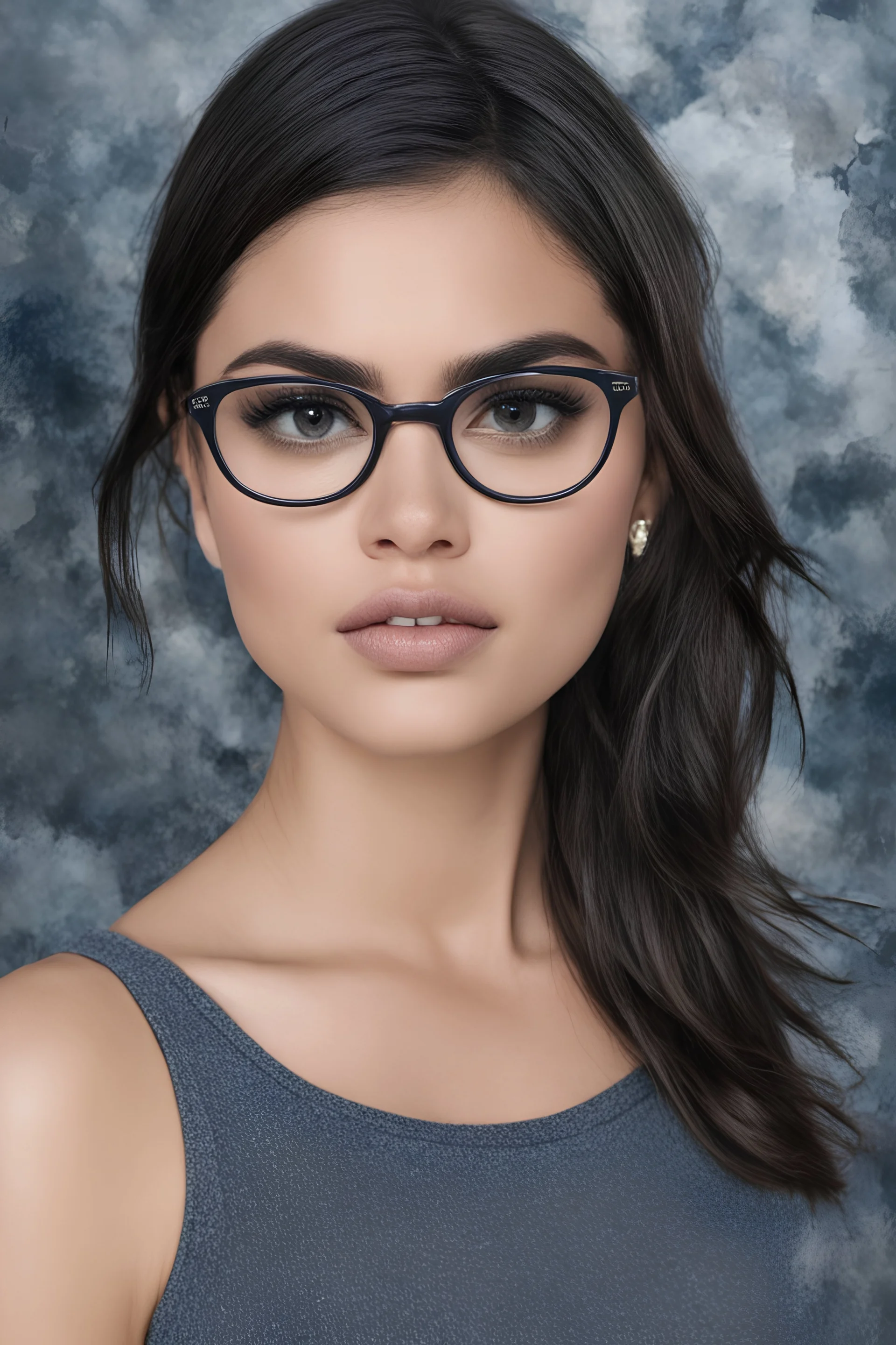 cross-eyed Lucy Hale/black woman hybrid, , 4k UHD, photorealistic, ((big, full, plump, pouty lips:1.5)) black hair, big cat-eye eyeglasses, dark blue foggy gradated marble wall background