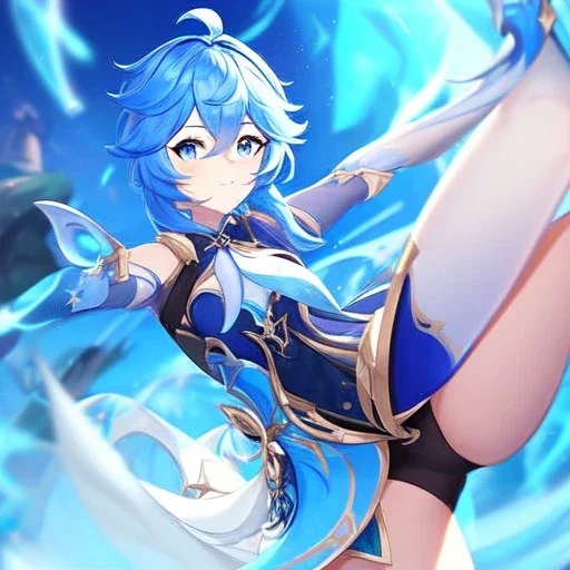 Clear focus,High resolution, Vibrant short blue hair, Vibrant blue eyes, Genshin impact inspired outfit, wearing a short skirt, kicking pose