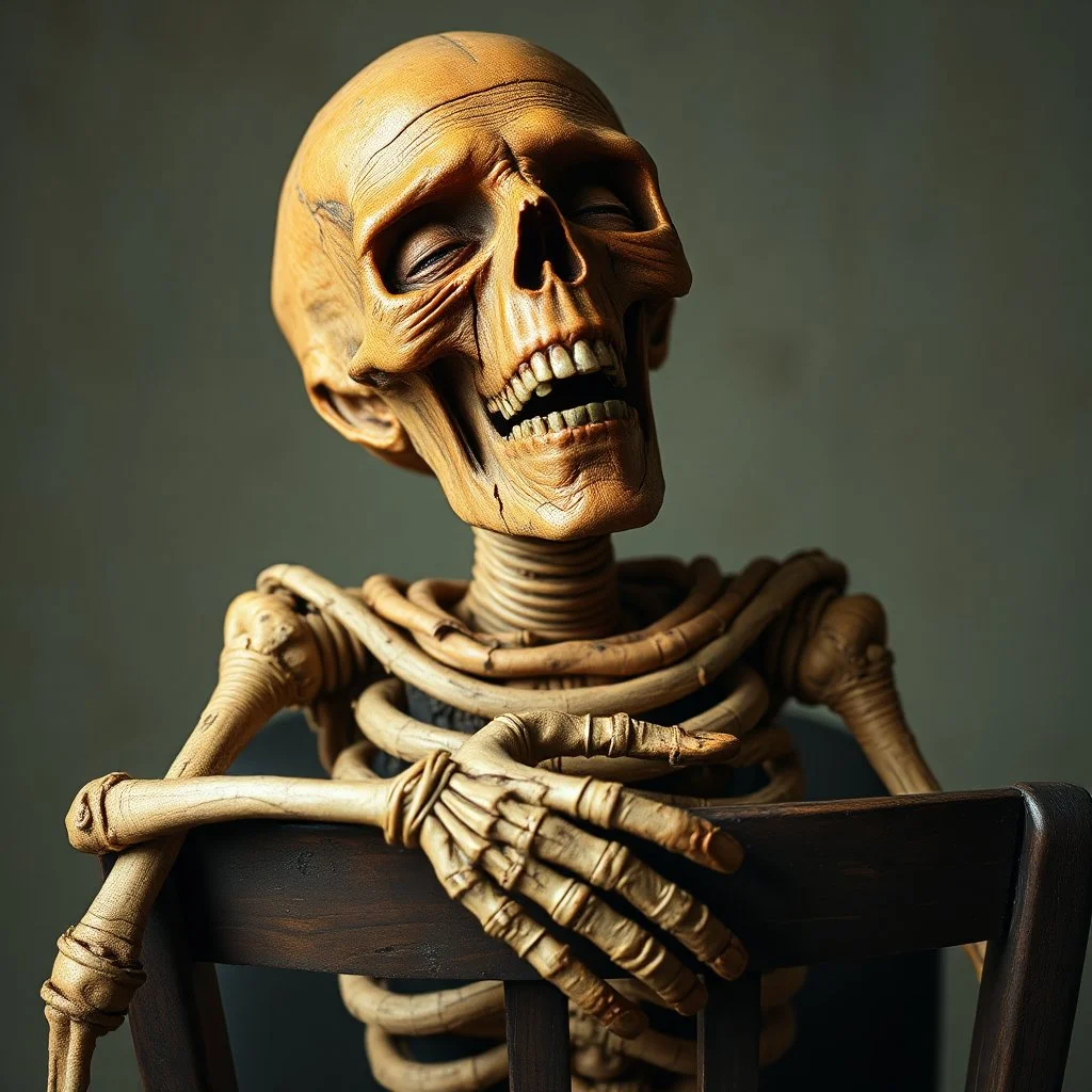 a decrepit orange mummy leaned over in a chair, mouth open, eyes closed