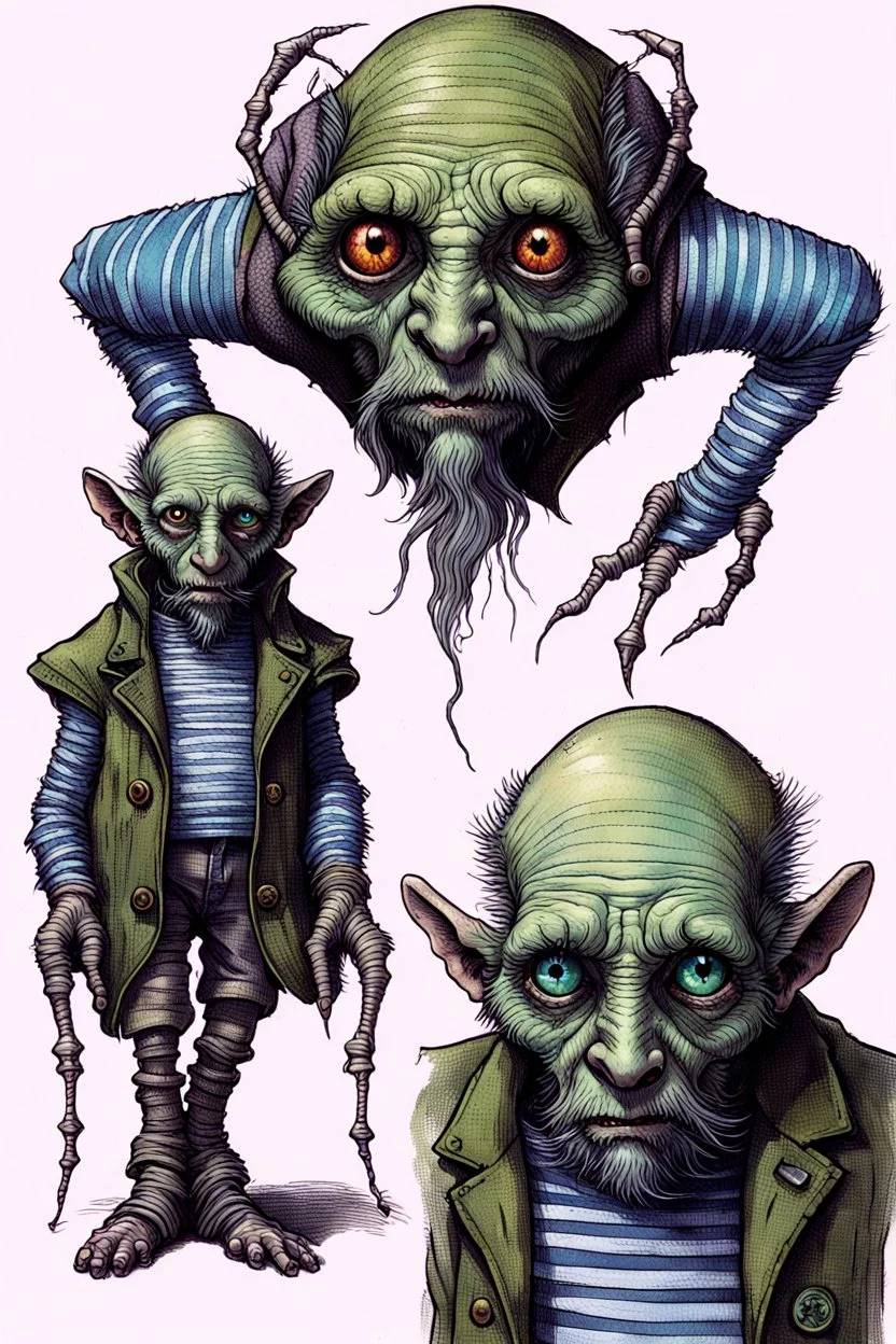 Artist Jean-Baptiste Monge style. A old biomorph male humanoid with Ant face. Bright eyes. A green and blue striped outfit. Modifiers: Tim Burton Craig Rutkowski Modifiers:neon glowing Iridescent black ink