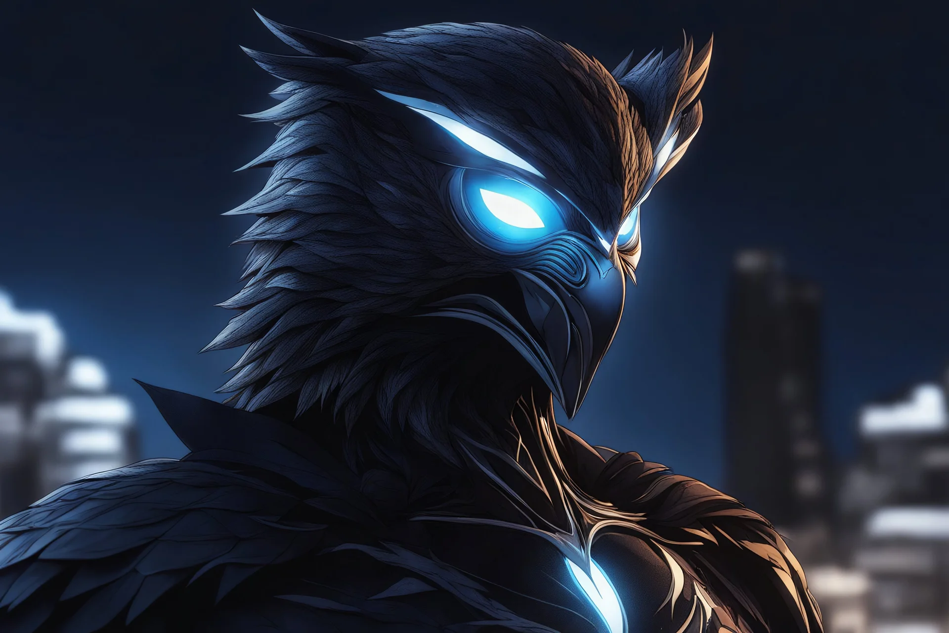 Symbiote in 8k solo leveling shadow drawing, owl , blue lights, sky , intricate details, highly detailed, high details, detailed portrait, masterpiece,ultra detailed, ultra quality