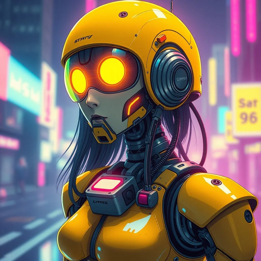 a feminine robot, yellow, dystopia, cyberpunk, neon vintage anime