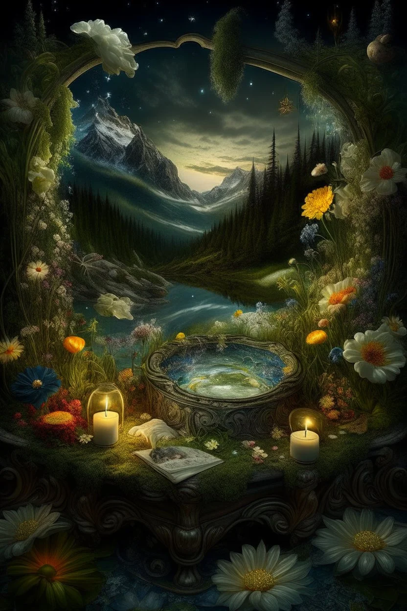 Hyperrealism against the background of a spring landscape in the forest +mirror with a tsunami whirlpool +mountains +ritual +candles+dried flowers+wildflowers+moss++decoupage of flowers+embroidery technique+braided beads+vine+moonlit night,fabulous landscape,surrealism,realism,naturalism,dot technique,microdetalization,high detail objects,digital illustration,volumetric clarity,dark fantasy,dark botanical, professional photo