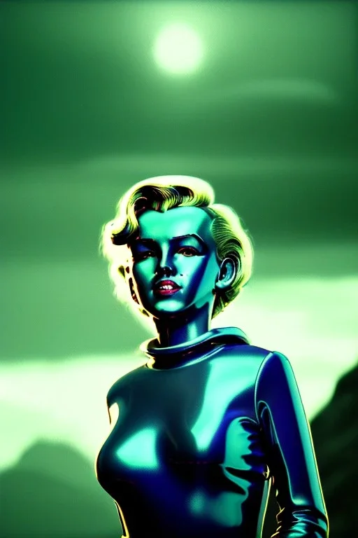 Ultra Realistic retro sci-fi scene, portrait, blonde woman, sweet young Marilyn Monroe face, perfect iris, tight latex coat, Strange planet background, Retro sci-fi style helmet, fog, rain, soft color, highly detailed, unreal engine 5, ray tracing, RTX, lumen lighting, ultra detail, volumetric lighting, 3d, finely drawn, high definition, high resolution.