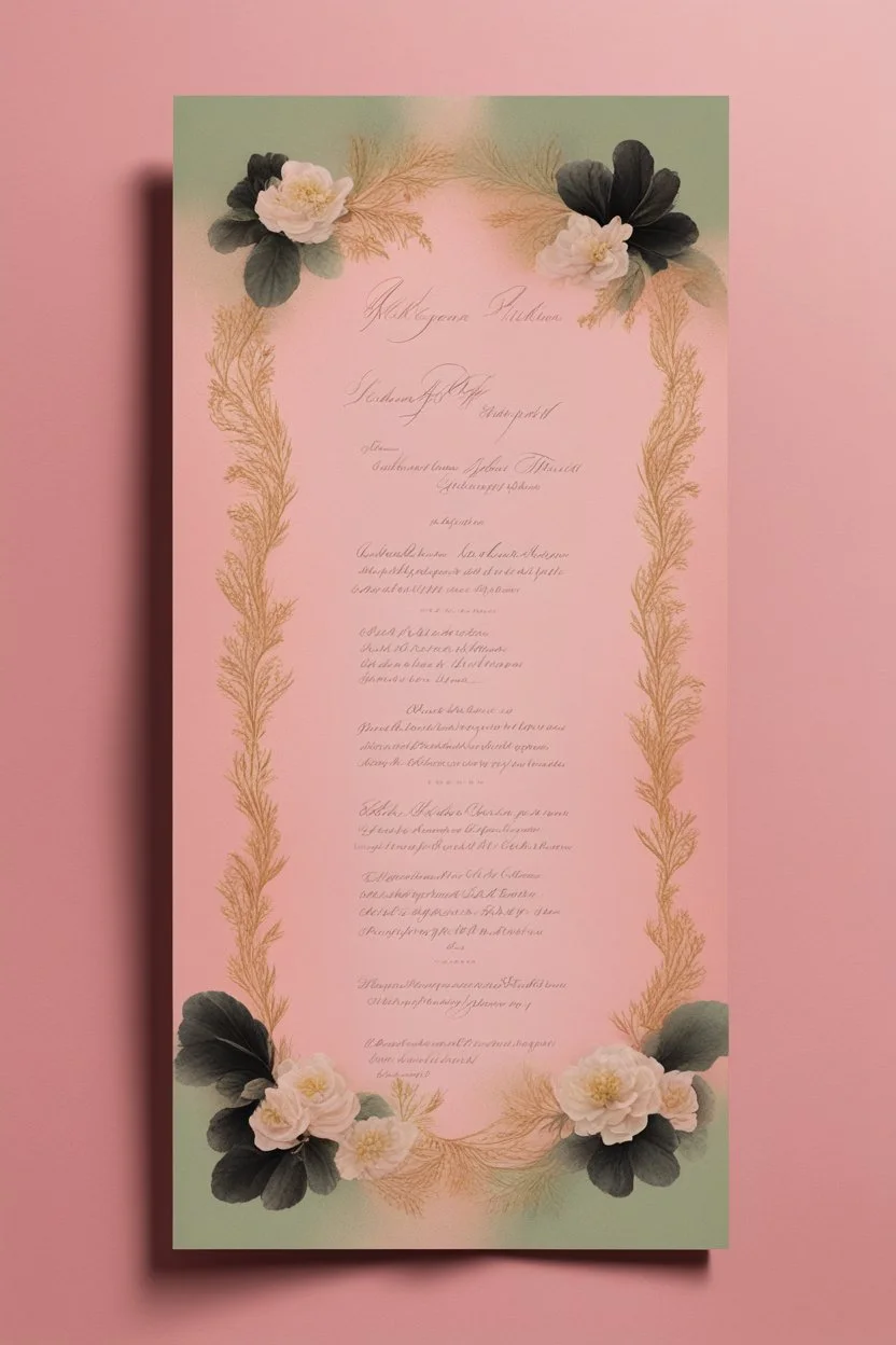 An extremely formal, funeral program written in French for a black woman on salmon pink deeply pigmented velvet paper with brilliant, brightest heavy golden greenish calligraphy fonts, simple, minimalistic, less element, very dramatic lighting