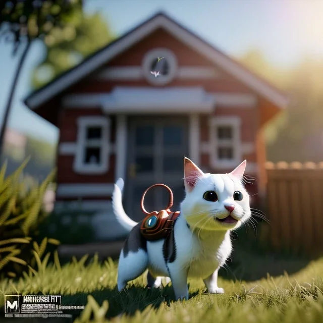 Cartoon pet with a smiley looking at a small house|mdjrny-v4 style| wide angle| intricate detailed| hyperrealistic| cinematic lighting| cinematic colors|hdr | unreal engine