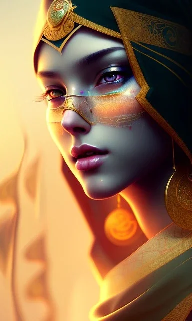 Arab princess , cute, beautiful, black eyes,Veiled, cinematic, 8k, resolution concept art portrait by Greg Rutkowski, Artgerm, WLOP, Alphonse Mucha dynamic lighting hyperdetailed intricately detailed