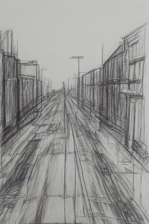 Pencil sketch of A car stops on an empty street, a traffic light, It's raining hard, night , houses on the side ، on lined paper