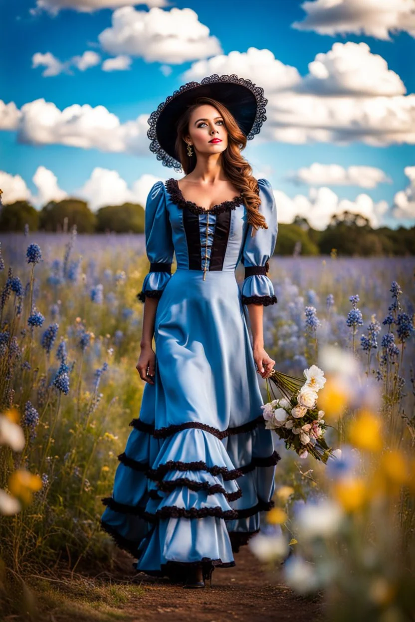 fullbody girl makeup wearing a victorian dress walking in country side ,flowers ,pretty clouds in blue sky